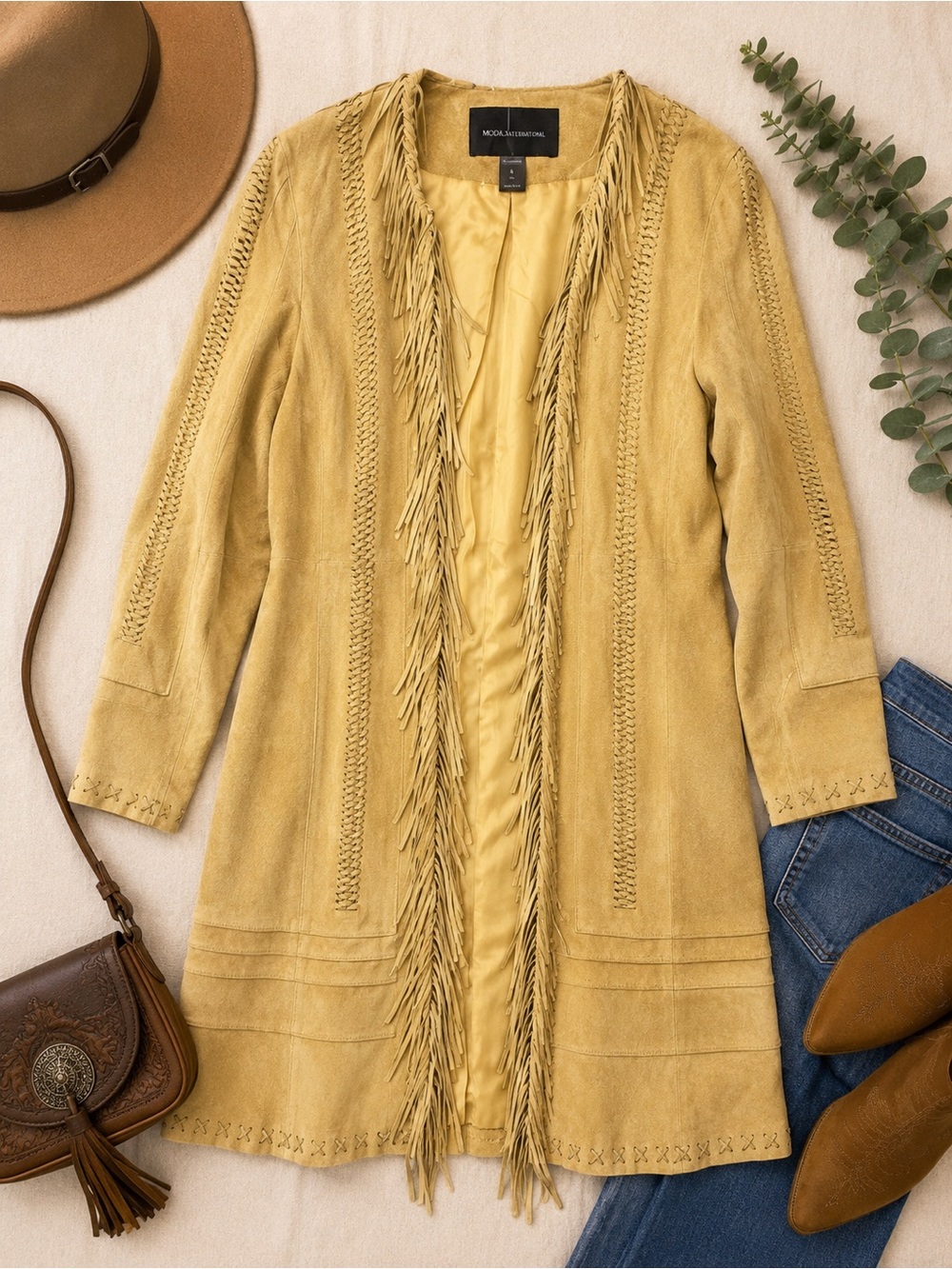 Moda International Genuine Leather Fringe Duster Jacket